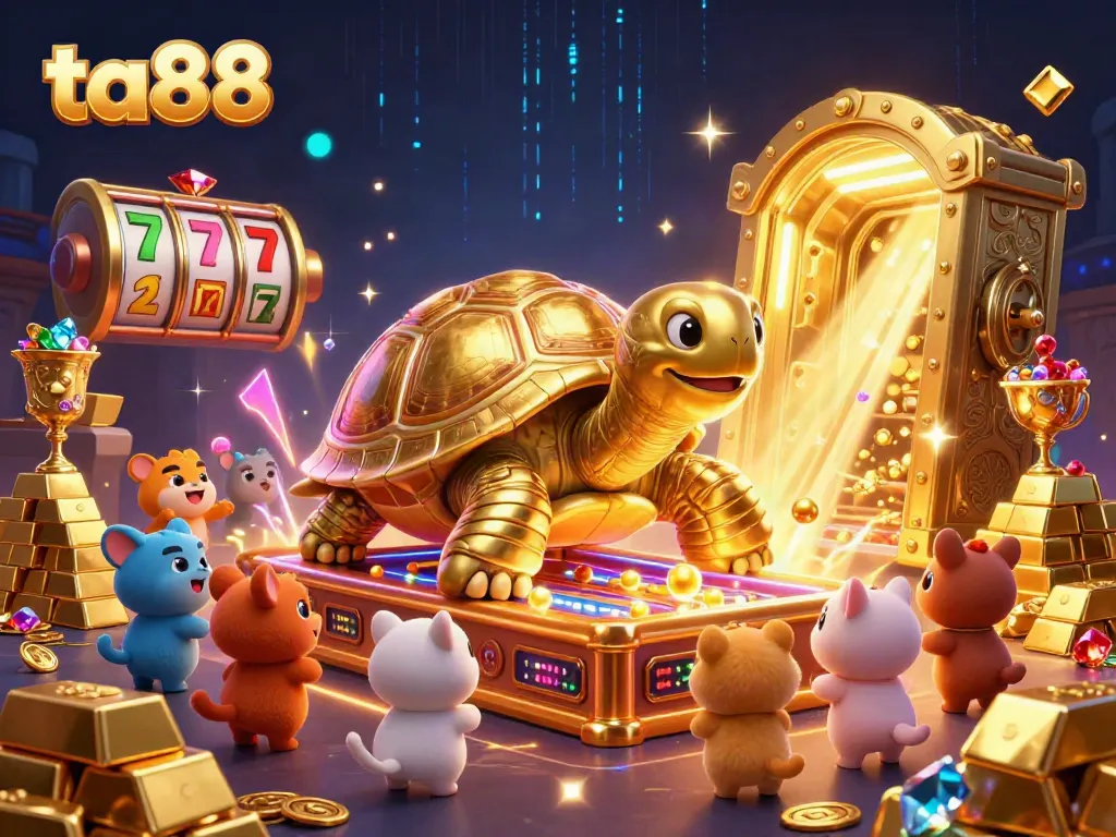 Engage in thrilling ta88 casino adventures featuring a colossal golden tortoise and vibrant elements.