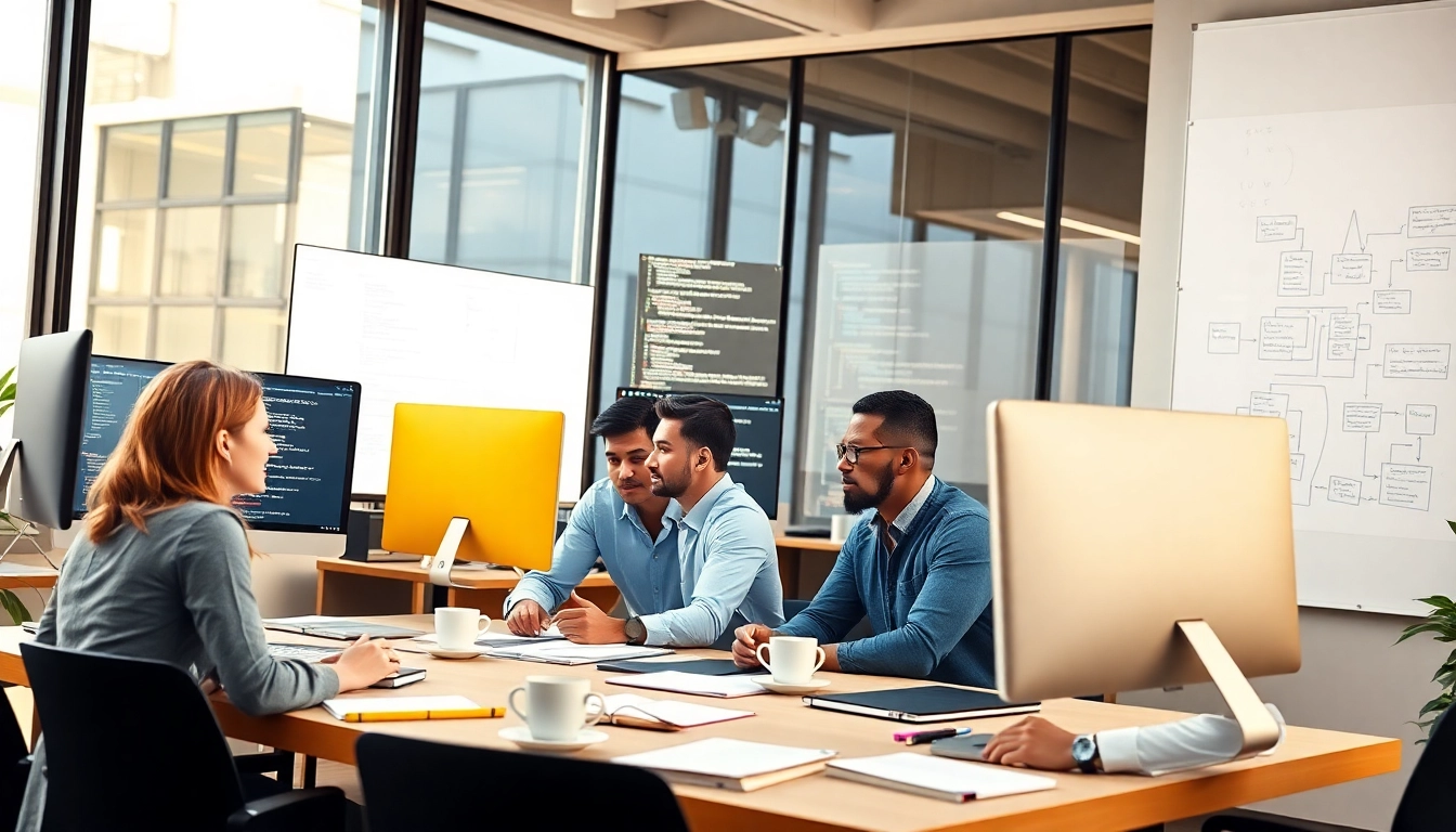 Software Entwicklung bei einem Teammeeting in modernem Büro mit Technologie und Kreativität.