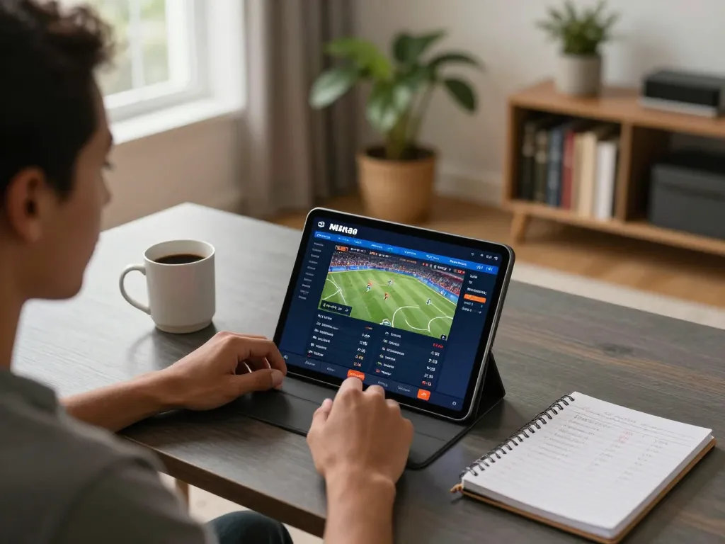 Player engages with NK88's sportsbook on a tablet in a cozy home environment, emphasizing responsible betting strategies.