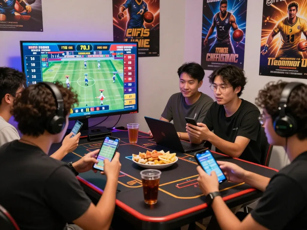 Friends engaging in online betting at Trang chủ FABET, showcasing excitement with vibrant gaming screens and snacks.