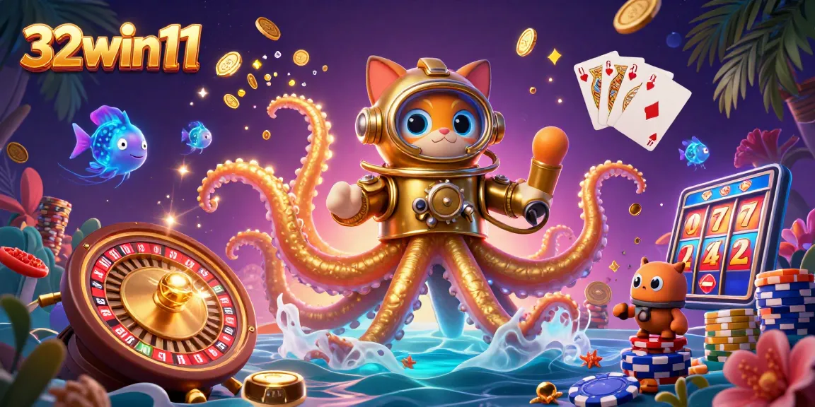 Spin the reels at 32win11, showcasing a vibrant underwater casino scene with a kraken and treasure.