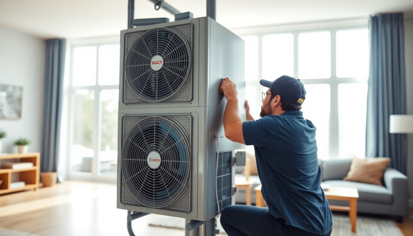 Die wärmepumpe bosch bei der Installation durch einen Techniker in einem modernen Wohnumfeld.