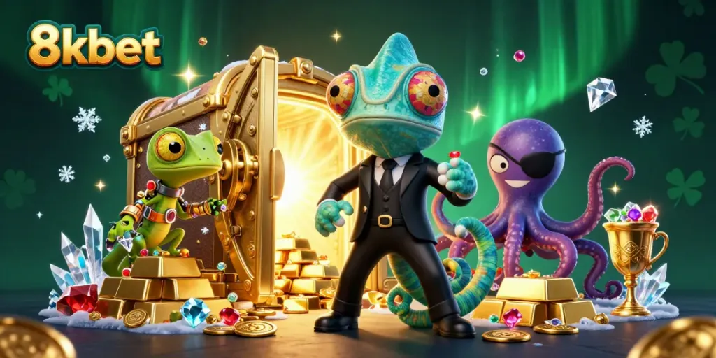 Experience excitement at 8xbet with colorful casino-themed characters surrounding golden treasures.