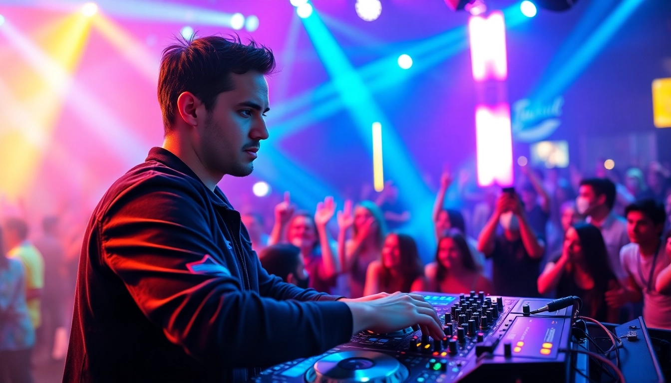 DJ aus München begeistert die Menge mit aufregender Musik und bunten Lichtern.