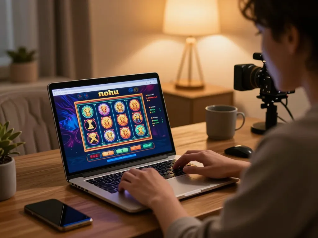 Nohu online gaming setup with vibrant slot machine graphics on a laptop