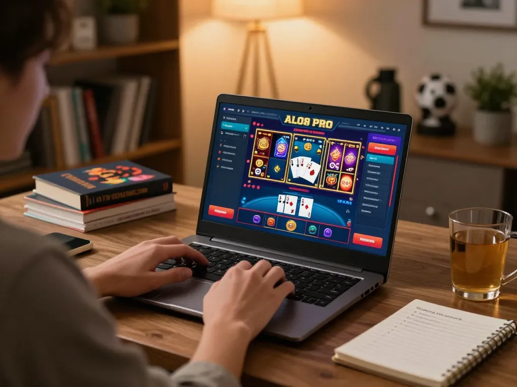 Engaging in ALO8 PRO online gaming on a laptop at home, showing strategy notes and drinks.