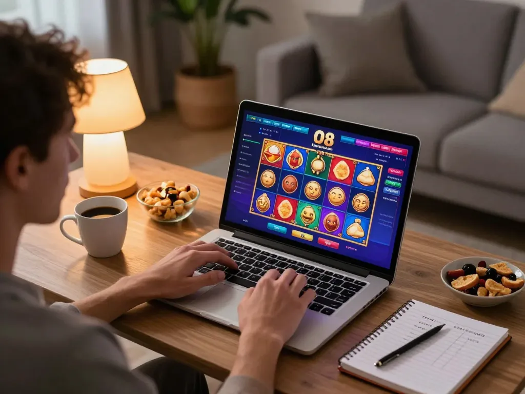 Player enjoying O8 online casino gaming from home, showcasing vibrant slot games and cozy atmosphere.