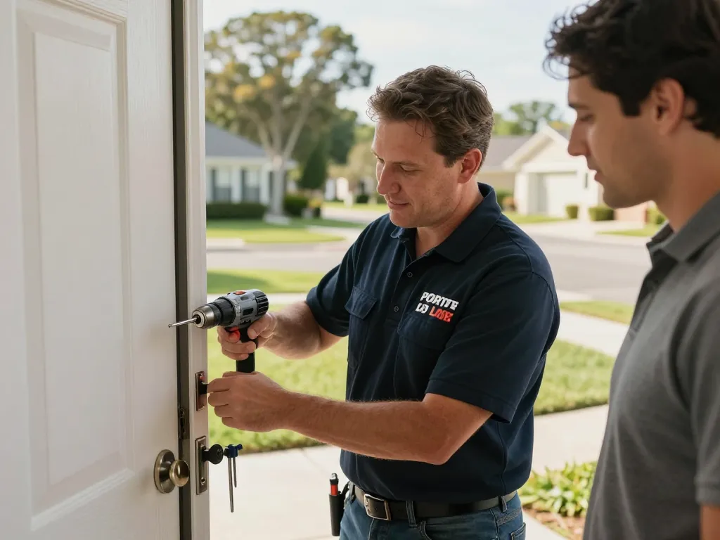 PSL Lock and Key technician expertly servicing a residential door lock in Port St. Lucie, showcasing local trust and expertise