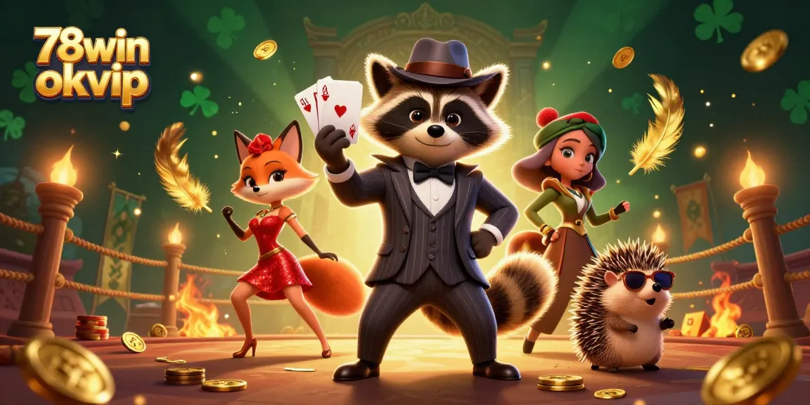 Engage in thrilling action at 78win okvip with a raccoon holding a royal flush, vibrant casino elements.