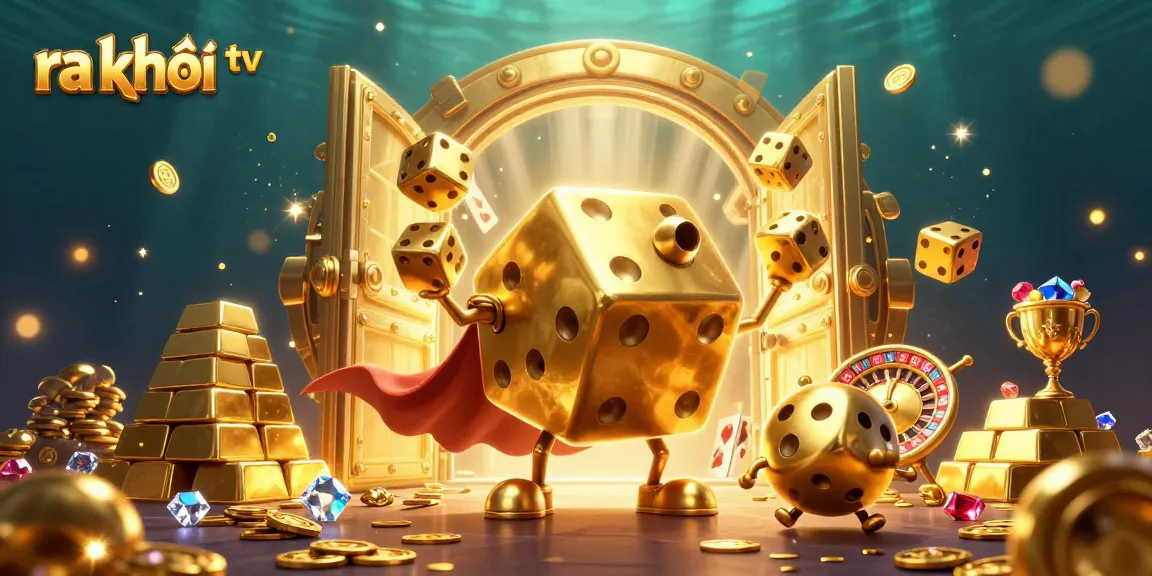 Engage with ra khơi tv's dynamic 3D casino illustration featuring golden dice and treasure elements.