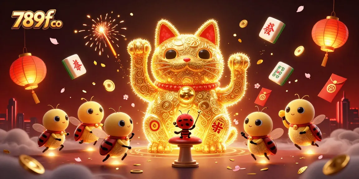 Join the lively celebration at 789f co as golden fireflies embody a lucky cat, surrounded by casino treasures.