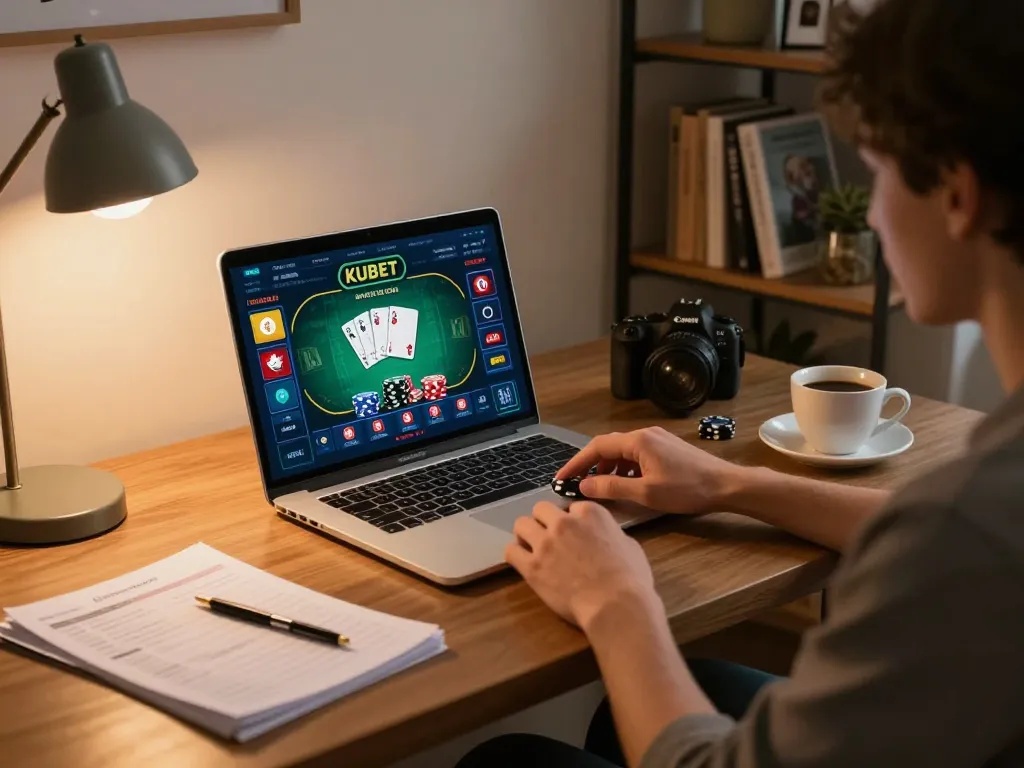 KUBET player engaging in online poker with detailed strategy notes in a cozy home office setting.