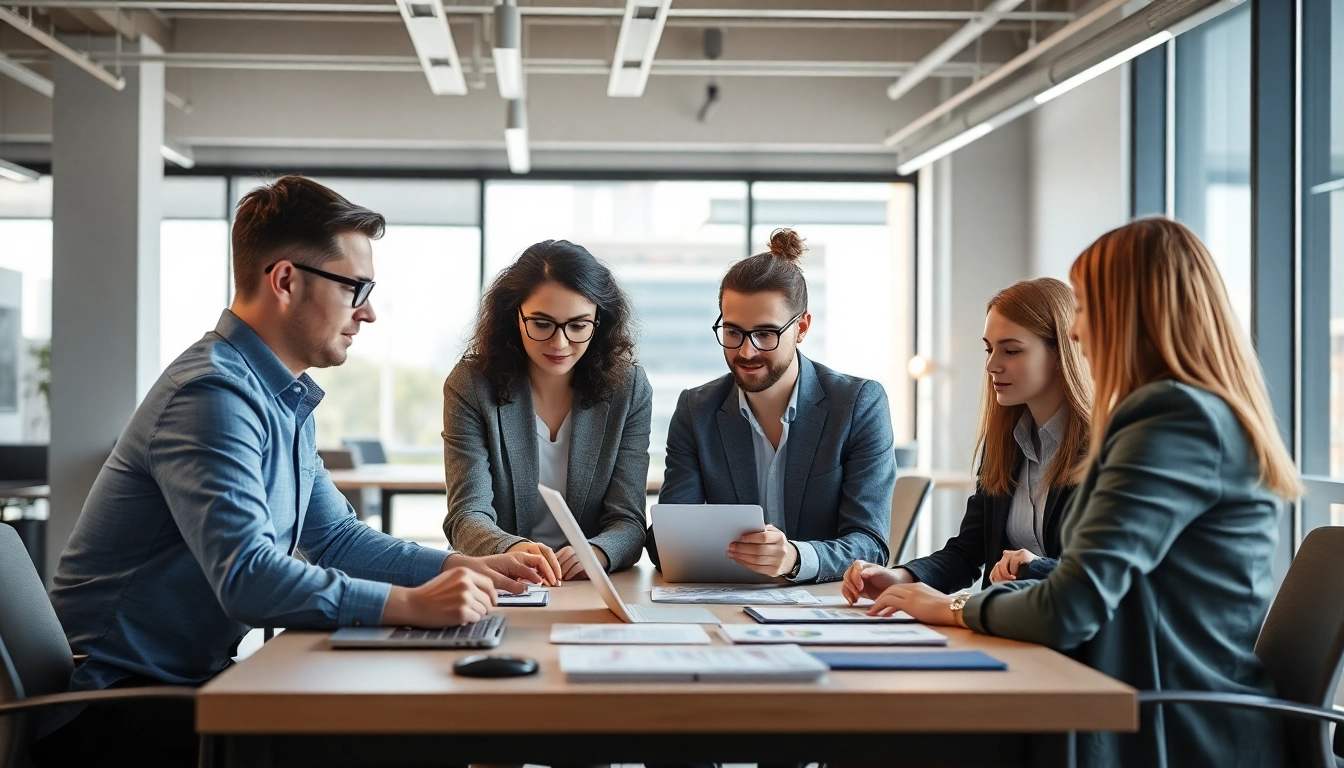 Enhance your Prozessoptimierung with a collaborative team using digital tools in a modern workspace.