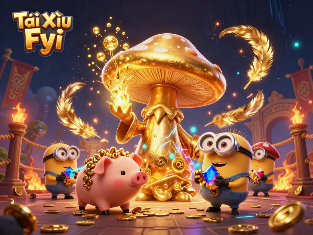 Engage with Tài Xỉu Fyi's thrilling gameplay featuring a magical mushroom wizard, treasure-hunting pig, and gemstone minions.
