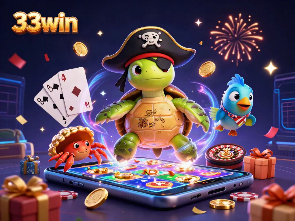 Engage with the vibrant 33win casino scene featuring a pirate turtle and treasure amidst animated slot games.