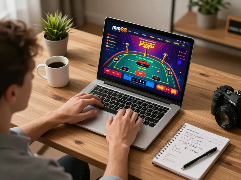 Engaging in strategic gameplay at mm88 com with live dealer options on a laptop in a cozy home office