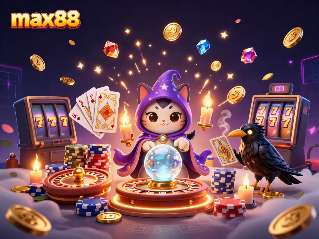 Experience thrilling games at max88 with a mystical cat, raven, and dynamic casino elements.