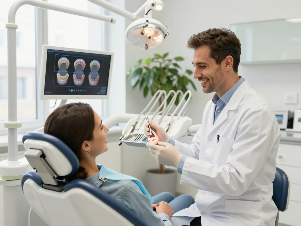 Eine Patientenberatung über Zahnkrone Wien mit einem freundlichen Zahnarzt in einer modernen Zahnarztpraxis, die verschiedene Kronenoptionen und eine warme Atmosphäre zeigt.