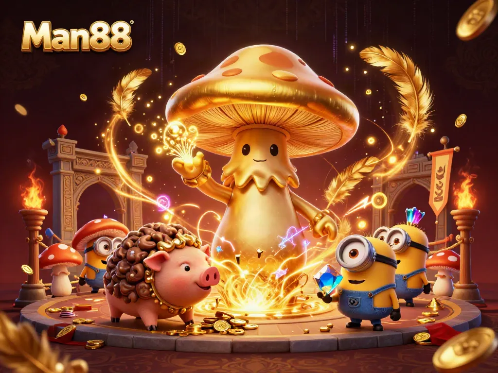 Win big with Man88 at this vibrant casino scene featuring magical golden elements and treasure.