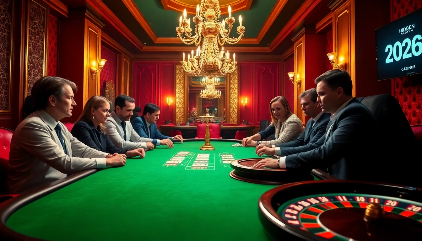 Engaged players strategizing at a luxurious poker table in a vibrant casino setting amid hidden wiki 2026 reference.