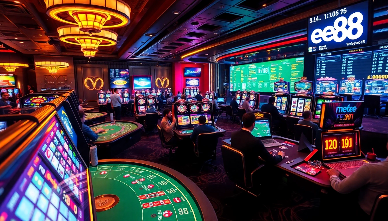 Engaging casino scene showcasing Link ee88 in a vibrant, 3D environment with players enjoying various games.