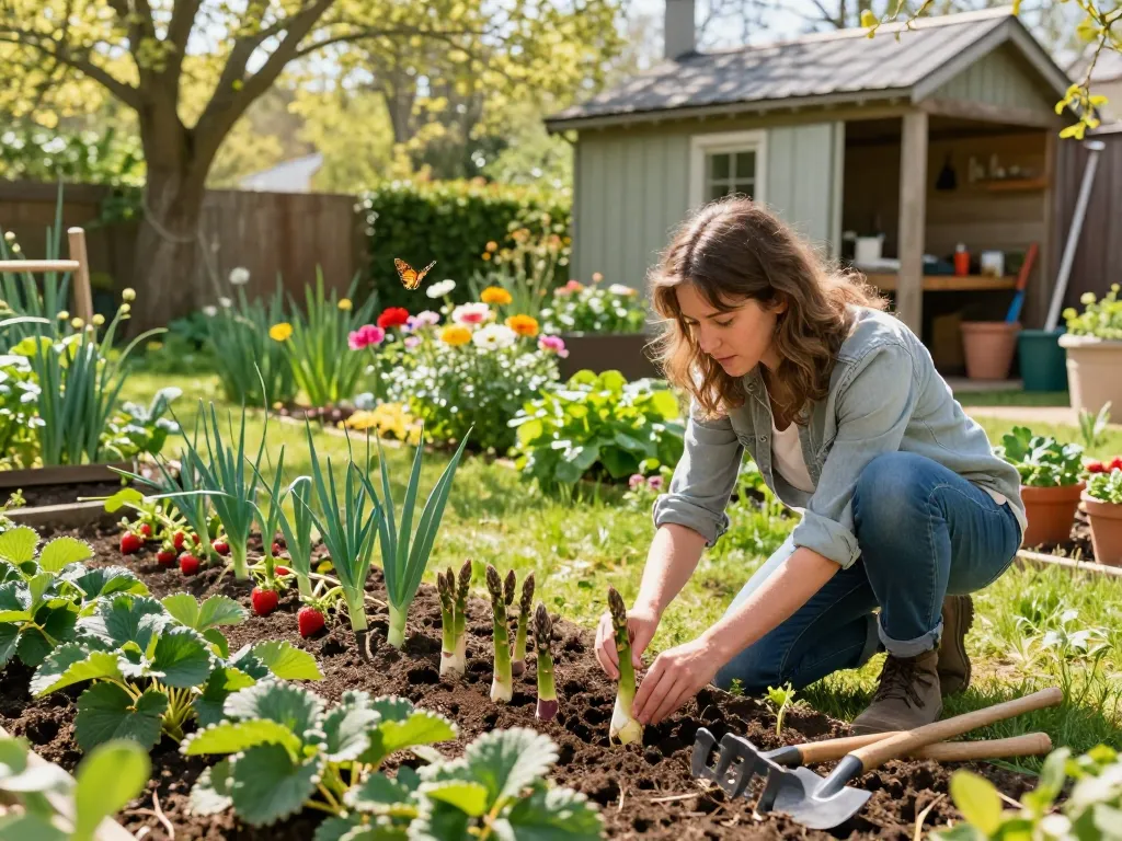 Planting fresh spargelpflanzen kaufen in a vibrant home garden during spring.