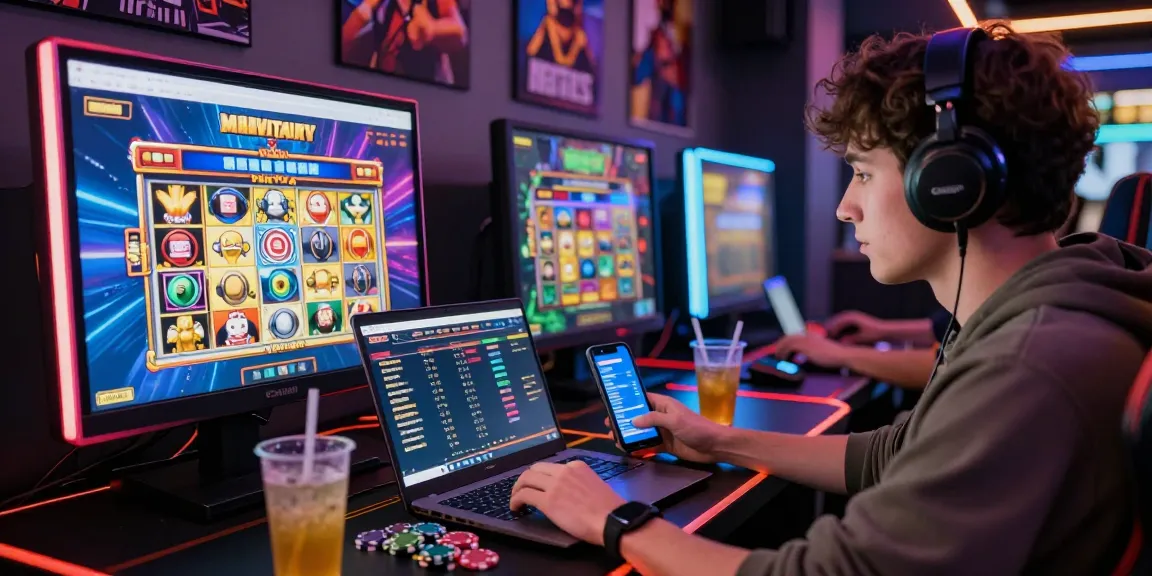 Permainan Slot777 yang seru dengan pemain fokus pada mesin slot online dan grafik berwarna-warni.