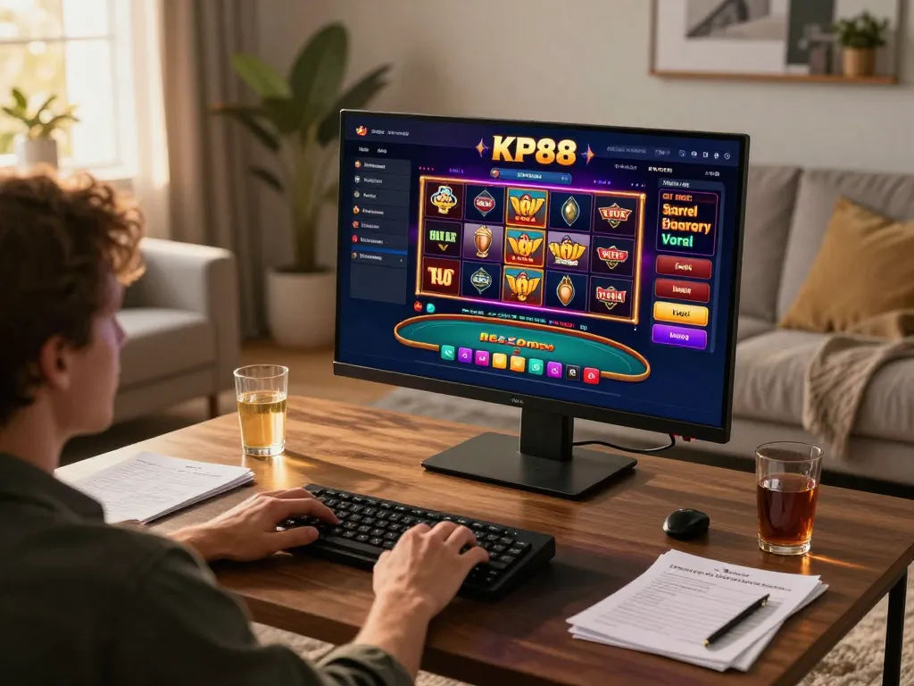 Player engaging in thrilling online gaming with KP88 interface on the screen, showcasing excitement and strategy.