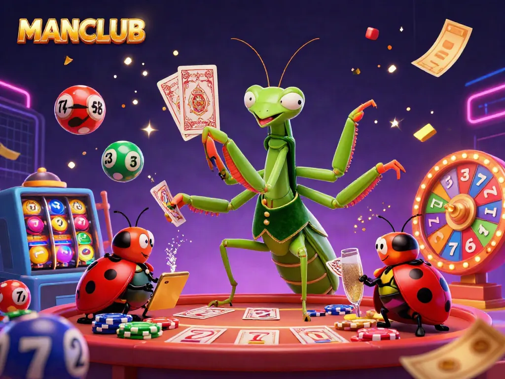 MANCLUB showcases a lively casino scene with a giant praying mantis card sharp dealing cards and interacting with vibrant game elements.