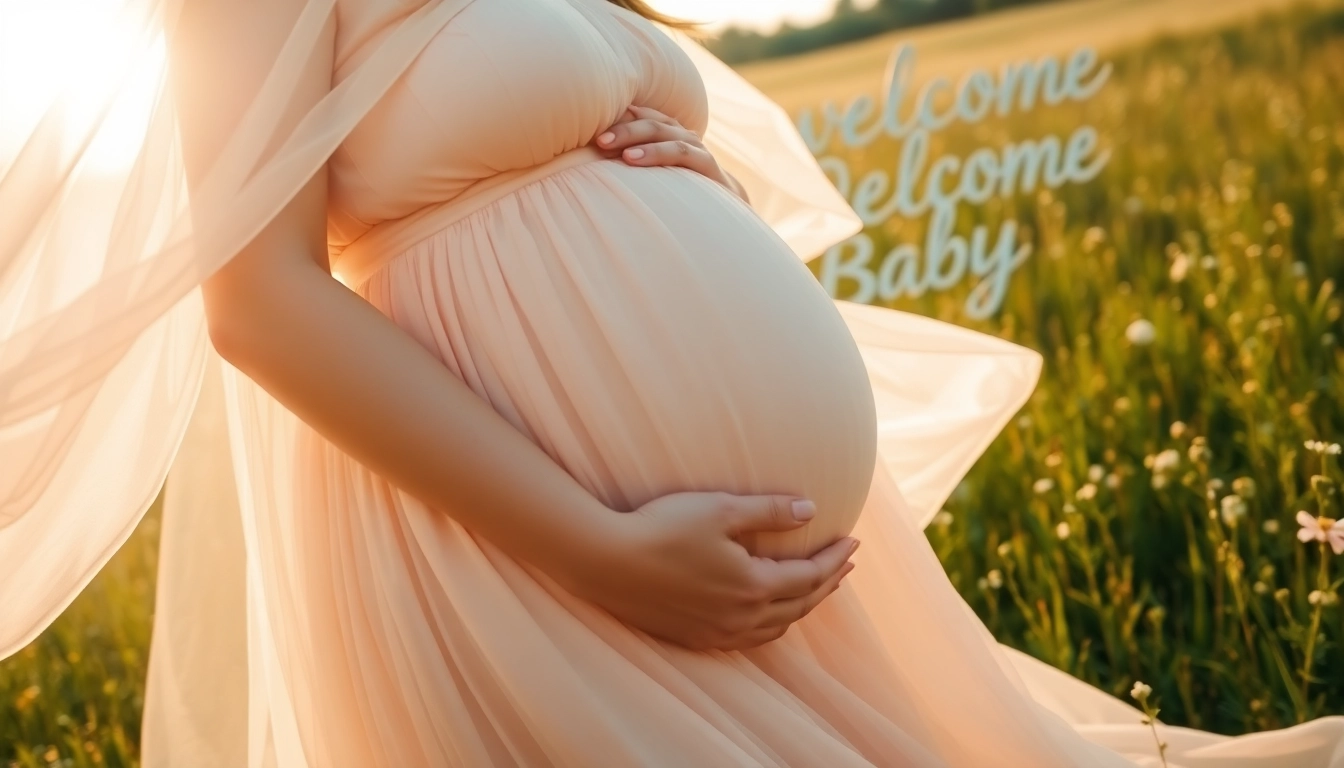 Maternity dresses for photoshoot: radiant expectant mother in a flowing pastel gown cradling her baby bump.
