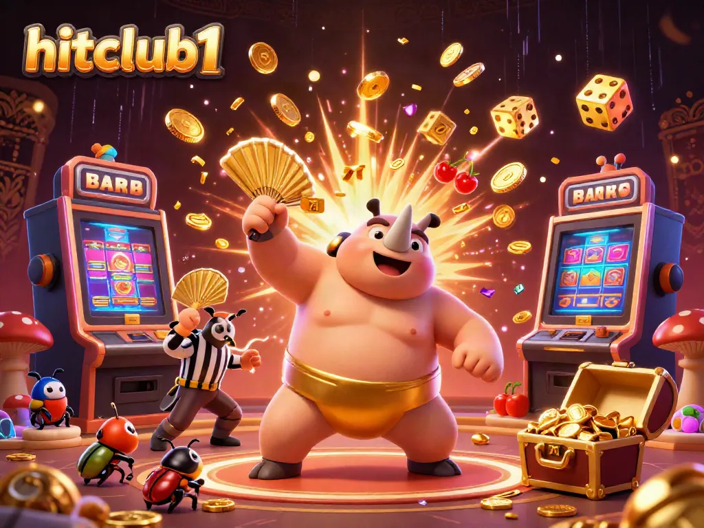 Experience exhilarating gameplay at hitclub1 with a dynamic casino scene featuring animated beetles celebrating jackpots.