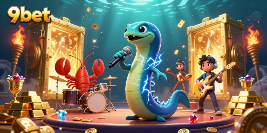 Experience the vibrant Underwater Casino with 9bet, featuring an electric eel DJ and treasures