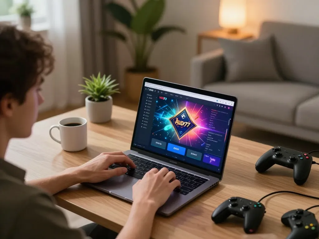 Player engages with aud77 online casino on laptop in modern home setup, emphasizing strategic gaming.