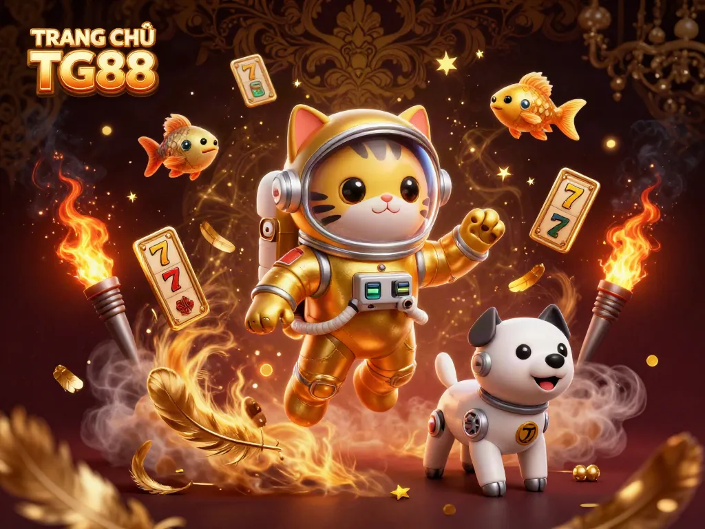 Engaging TRANG CHỦ TG88 scene with a cat astronaut and robot dog, featuring slot game elements.