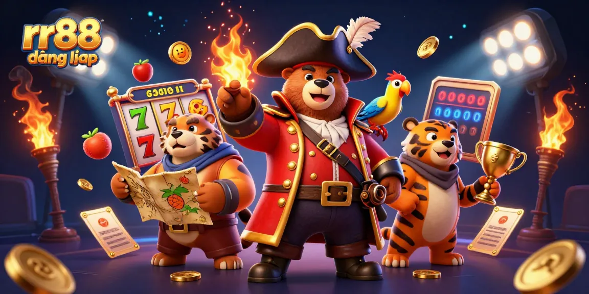 rr88 đăng nhập with cartoon characters enjoying slots and jackpot excitement in a rich casino environment.