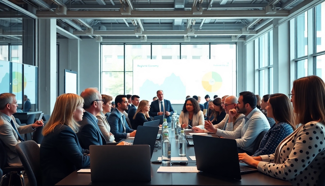 Wirtschaft Regional: Diverse professionals discussing economic growth in a collaborative setting.