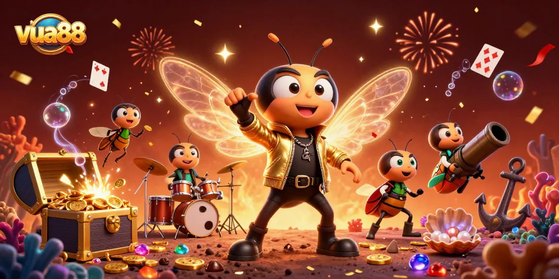 Experience the vibrant energy of vua88 with a rock star cicada and treasure-filled scene.