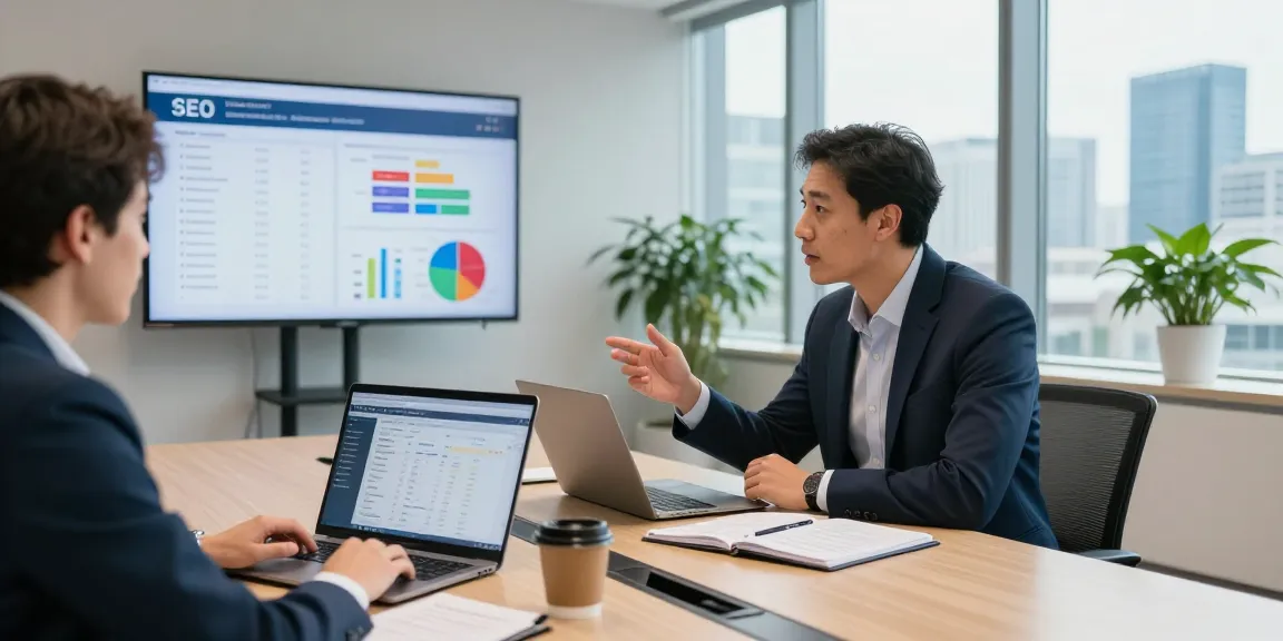 SEO Beratung Konsultation mit Experten, die die Website-Daten in einem modernen Büro analysiert.
