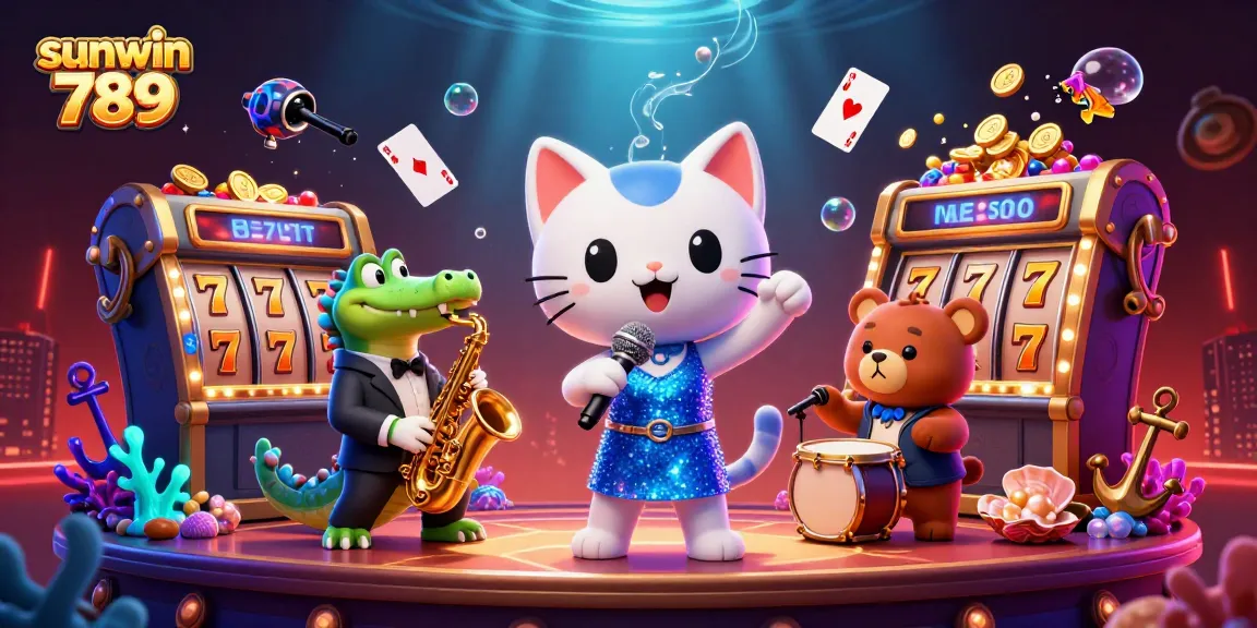 Join the excitement of sunwin 789 with a lively casino scene featuring animated characters and sparkling game elements.