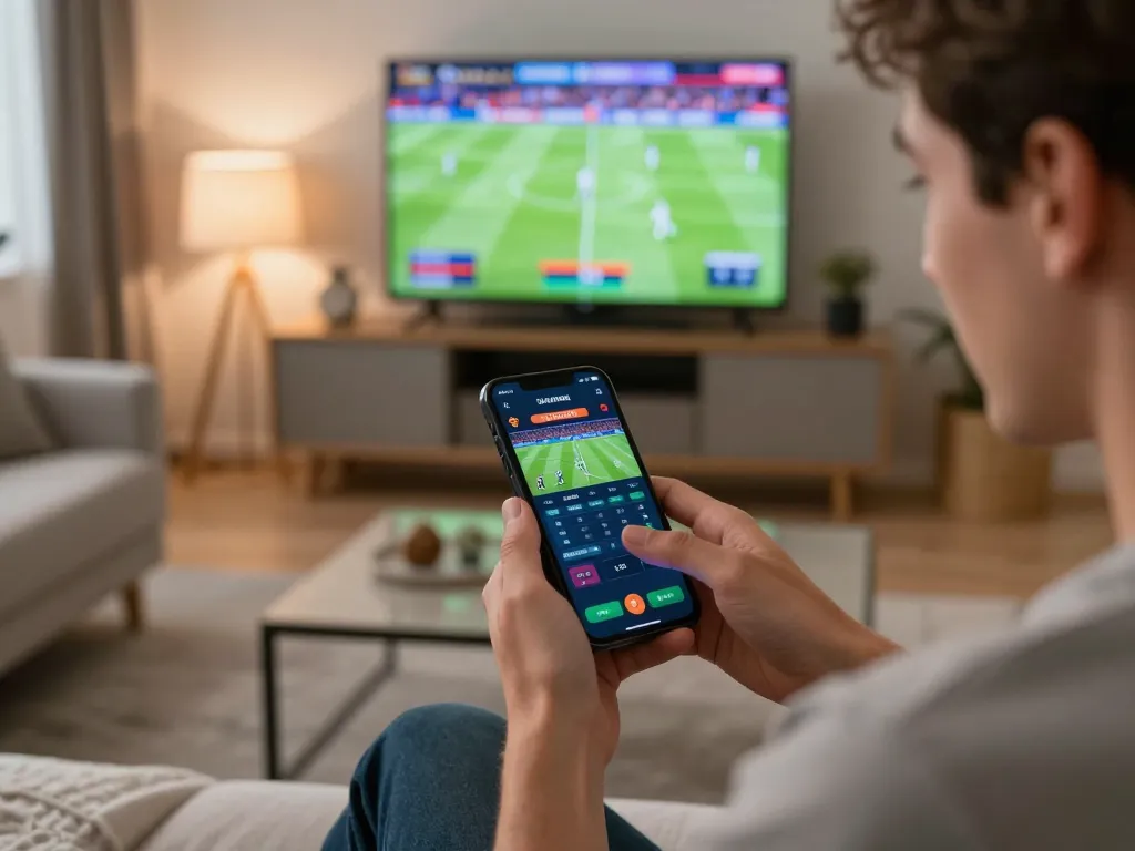 Player engaged in sports betting on fun79, using smartphone for real-time bets during live match.