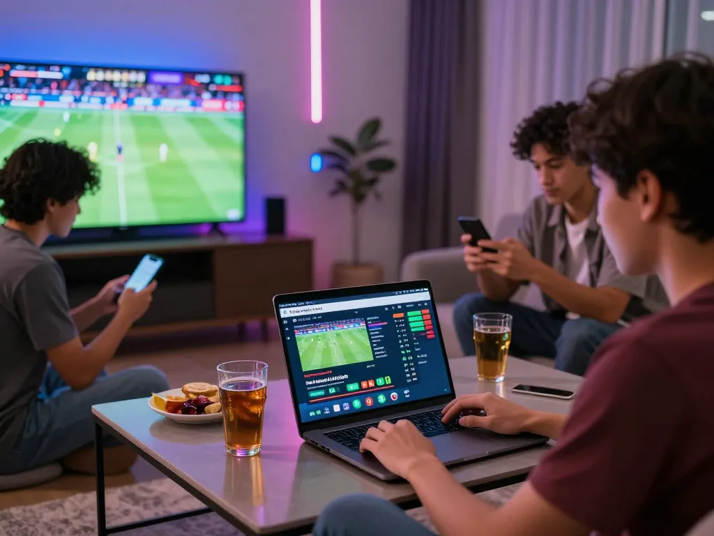 Engaging online betting scene with Nhà cái MAY88 platform displayed on a laptop amidst friends enjoying a sports event.