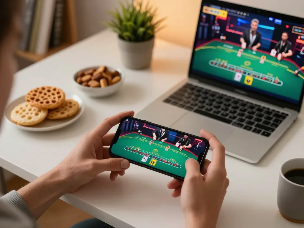 Player engaging with live dealer blackjack on s8 app, vibrant gaming atmosphere and cozy interior.
