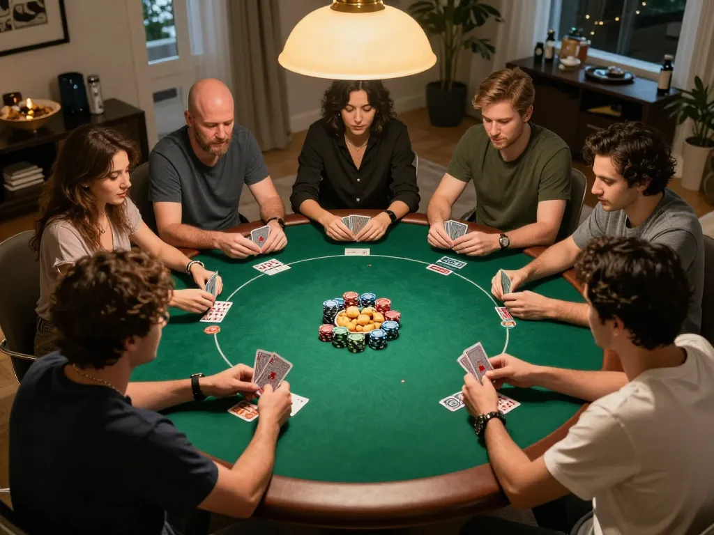 Players experience strategic gameplay during a home poker night at SC88, showcasing camaraderie and excitement.