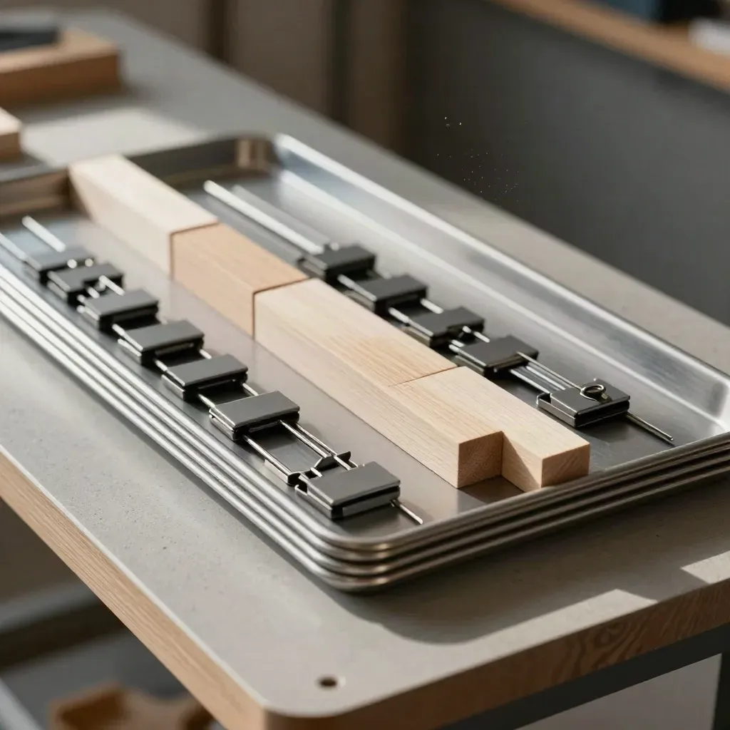 Holzblöcke und Metallclips in sortierten Trays, diagonal von oben im ruhigen Werkraum.