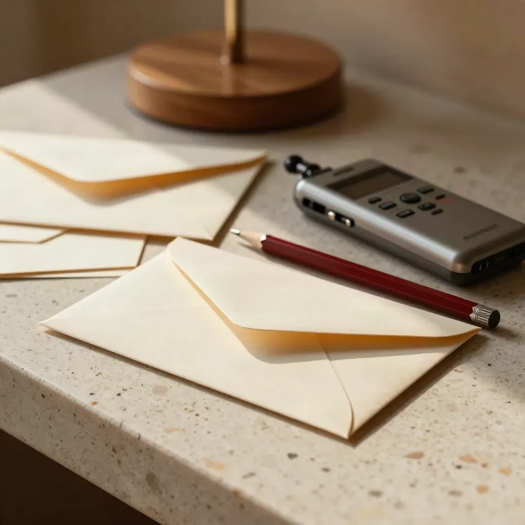Travertinfläche mit Umschlägen, Karten, rotem Stift und Audio-Recorder im warmen Licht.