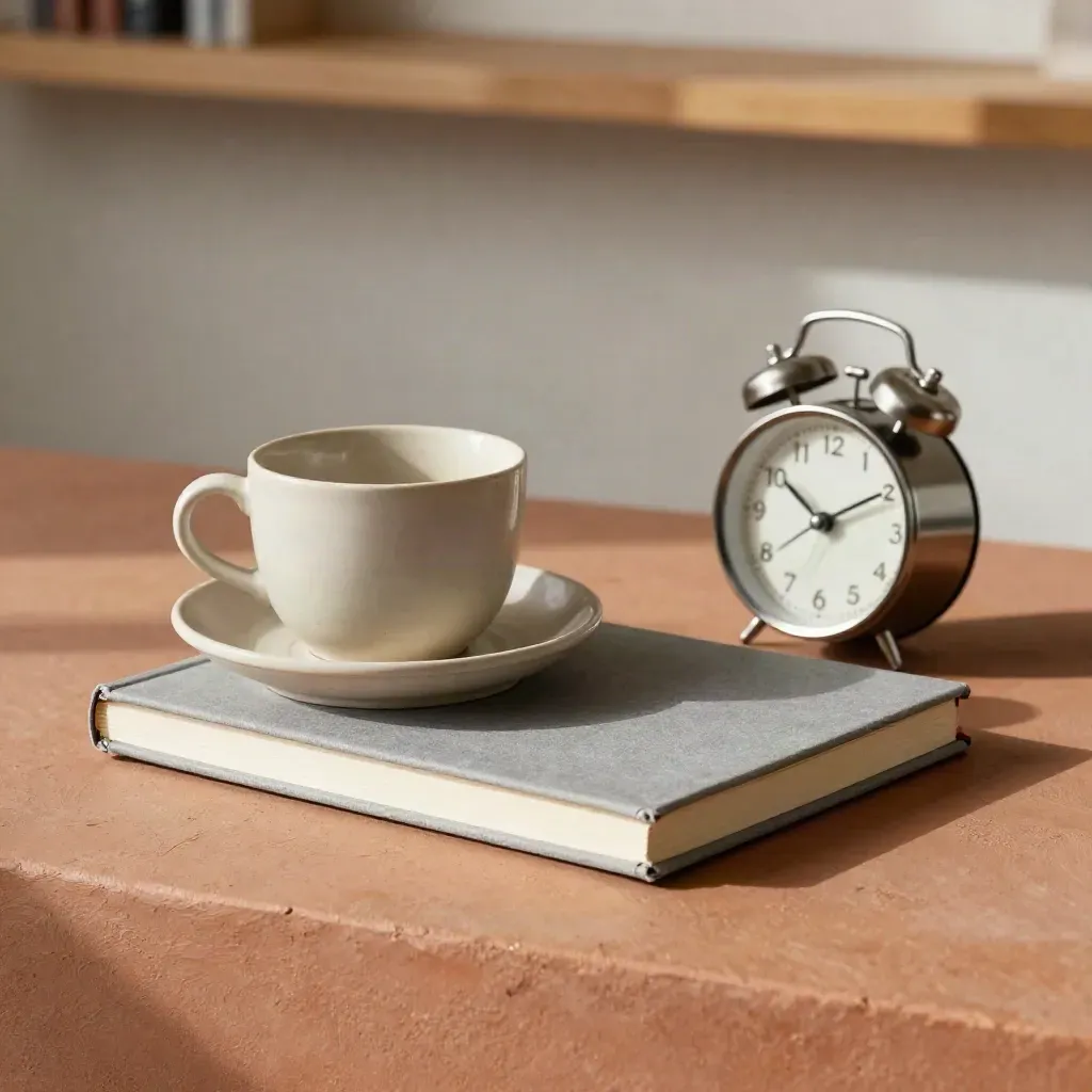Notizbuch, Tasse und Uhr auf warmem Terrakotta-Sims im ruhigen Beratungsstudio