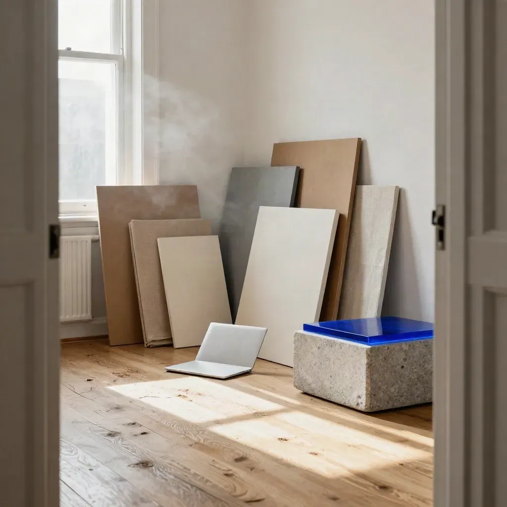 Launch-Ecke im Berliner Atelier mit Verpackungsmustern, Laptop und Podest im Cobaltakzent
