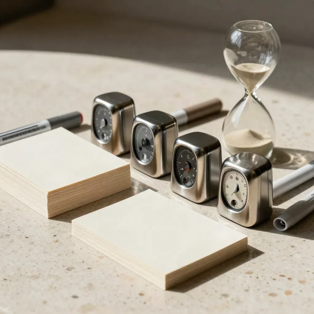 Aufgeräumte Workshop-Karten, zwei Timer, Marker und Sanduhr auf hellem Steintisch.