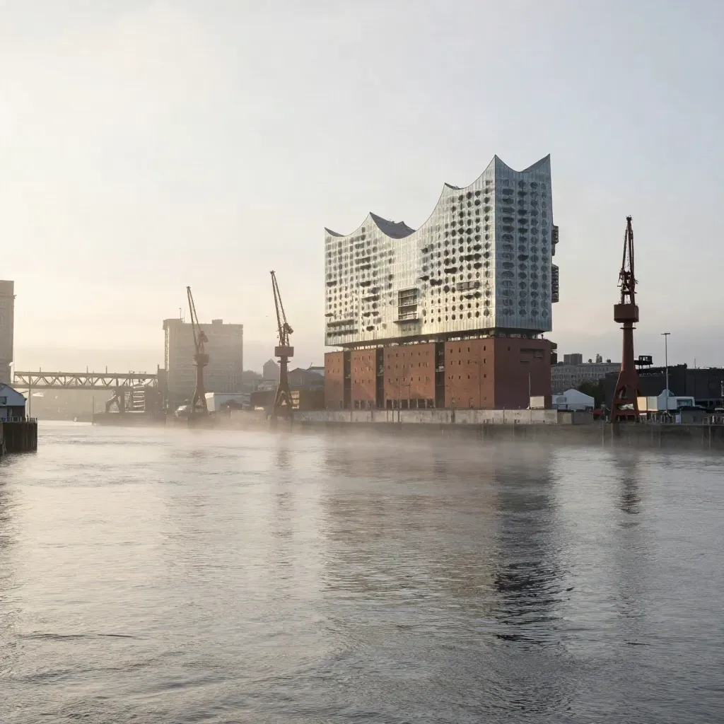Hamburger Hafen im Morgenlicht mit Elbphilharmonie, Kränen und Nebel über ruhigem Wasser