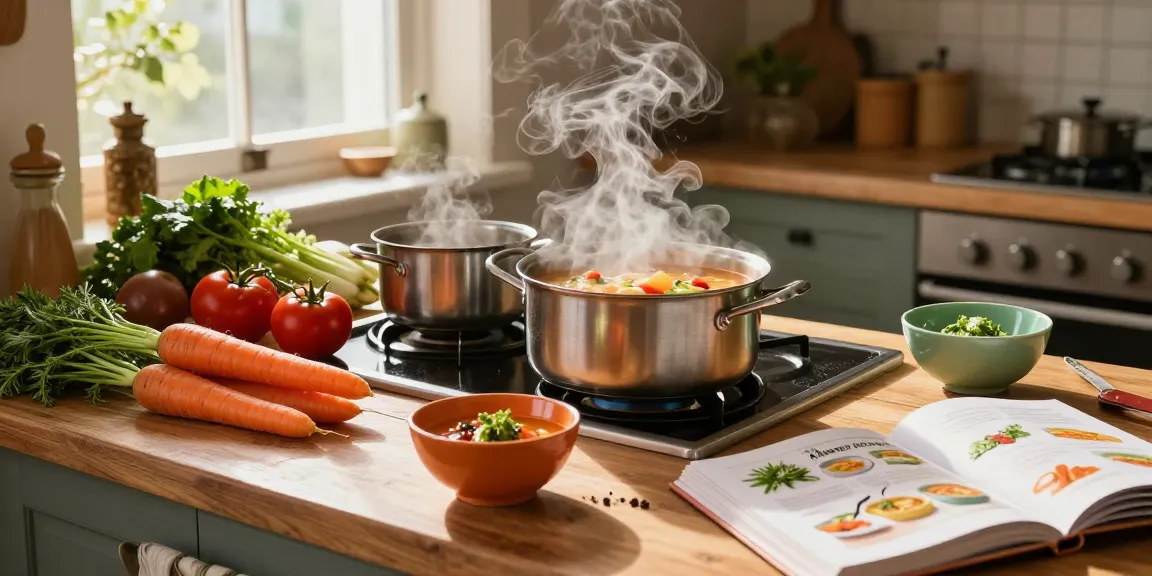 Leckere Zubereitung von veganer Suppe in einer gemütlichen Küche mit frischen Zutaten, die vegane Suppen hervorheben.